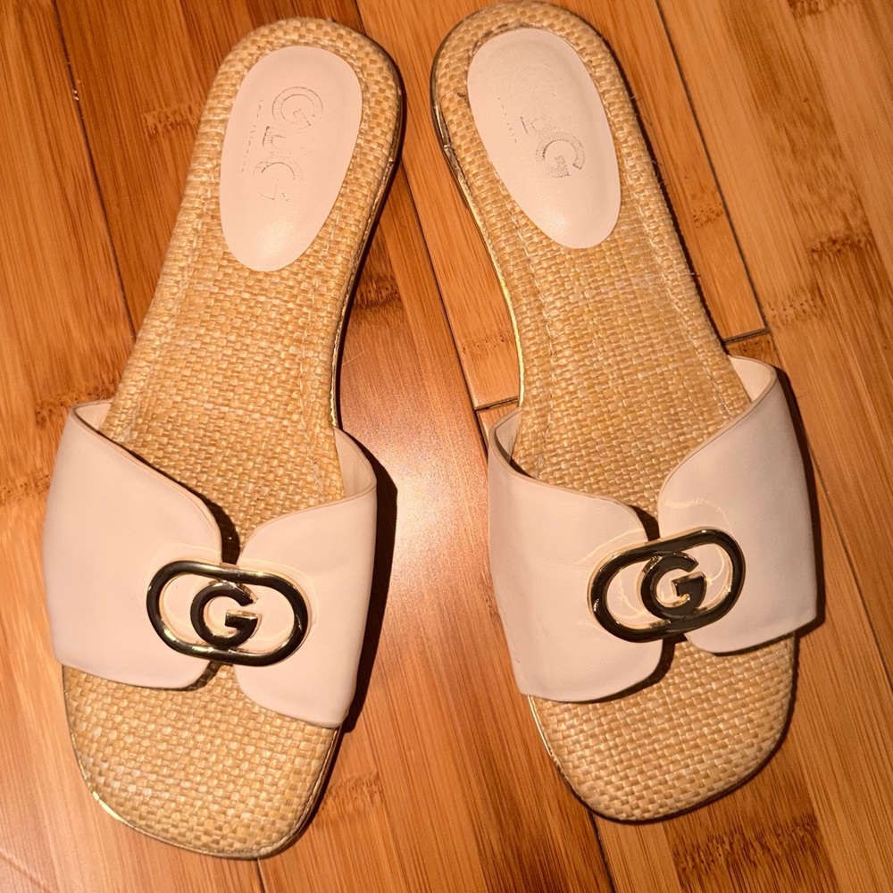 Guess Cream and Gold Slide Sandals